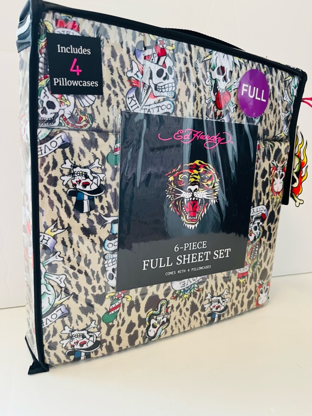 Ed Hardy 6 Piece Full Size Sheet Set Love Dies Hard Leopard Print Skulls Snakes